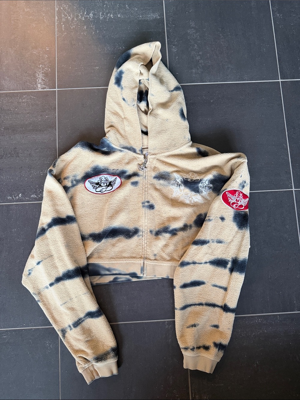 Boys Lie Beige and Black Tie-Dye Hooded cropped zip up